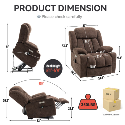 Power Lift Recliner with Heat and Massage, USB and Type-C Ports
